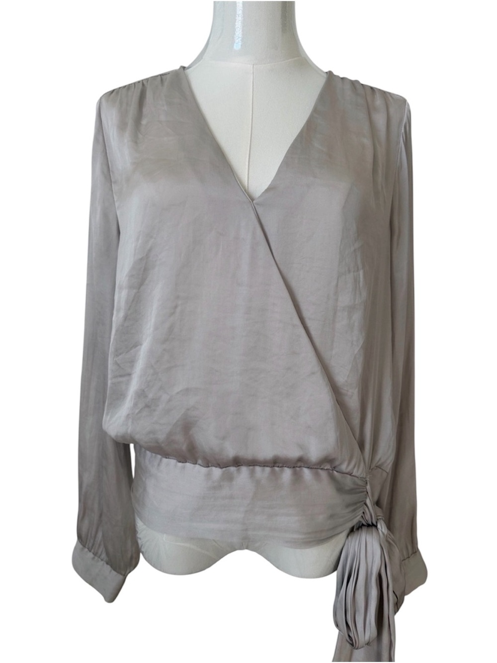 Banana Republic Silky Longsleeve Silver Wrap Blouse with Side Tie Size M